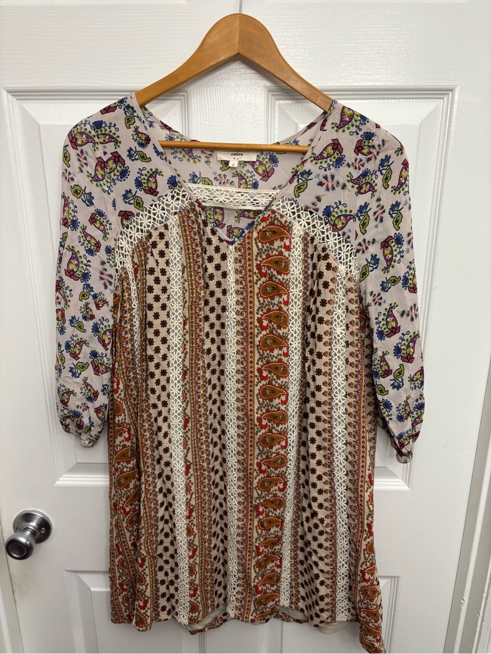 Entro Boho Festival Cottagecore Multi-Pattern Mini Dress w/Lace Detail